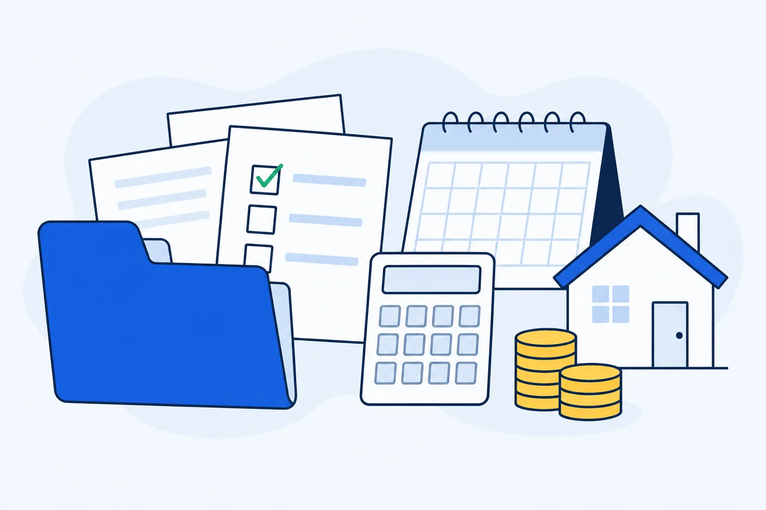 Carpeta, documentos fiscales, calendario, calculadora, ahorro y vivienda ordenados para preparar una hipoteca de autónomo.